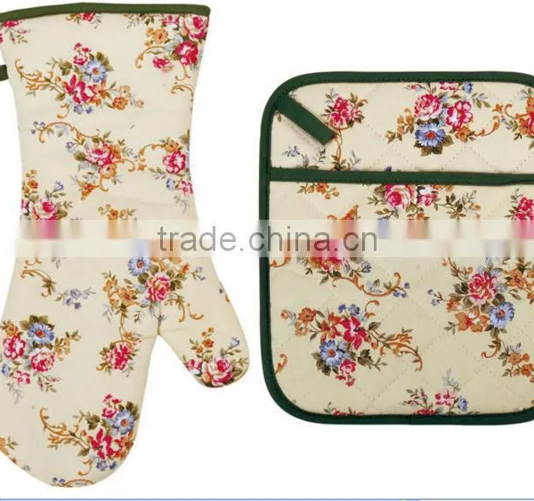 2015 HIGH QUALITY NEW DESIGN PRINTING FLOWERS AND PLANTS COTTON (OVEN MITT& POT HOLDER) KITCHEN SET MK-3102&3106