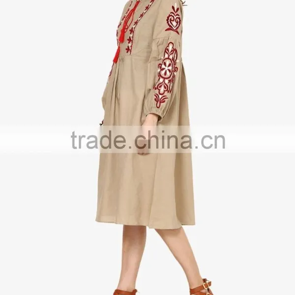 Boho Ukrainian Designs Beige Embroidered Shift Dress Bohemian Clothing Style Long Sleeve Maxi Dress HSd5083 photo-4