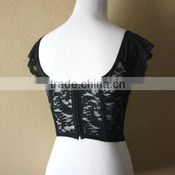 Hot Sexy Girl With Cap Sleeve Custom Black Lace Crop Top photo-2