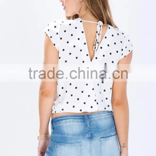 Latest Sweet Polka Dot Print Crop Tops Cheap Lady Blouses photo-4