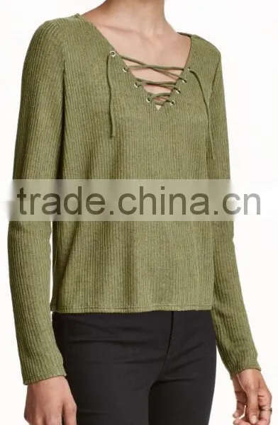 Ladies Wearing Hand Knitted Wool Sweaters With Lacing V-Neck Design photo-3