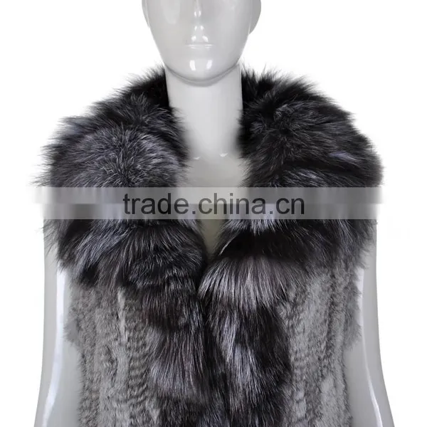 YR263 Genuine Rabbit Knit Fur Vest With Fox Collar Top Quality photo-2