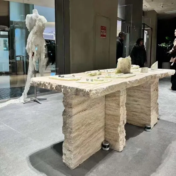 High Quality Yellow Travertine Marble Stone for Rectangular Dining Display Table for Villa Ideal for Jewelry and Accessory Store