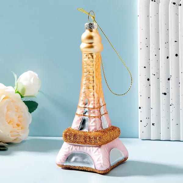 Wholesale Price Personalized Navidad Xmas Tree Hanging Decorations Custom Hand Blown Glass Paris Eiffel Tower Christmas Baubles Factory