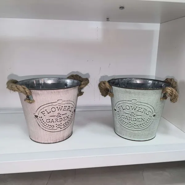 Vintage Farmhouse Metal Flower Bucket | Embossed Tin Planter With Rope Handles