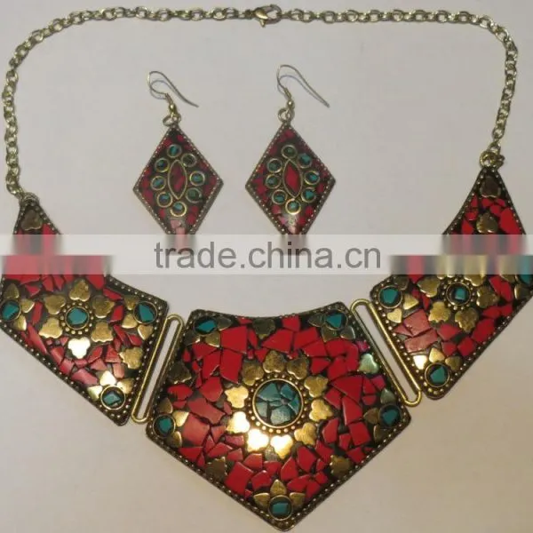 Processed Coral Fashion Jewelry Tibetan Style Mosaic Work Statement Necklace and Earrings photo-2