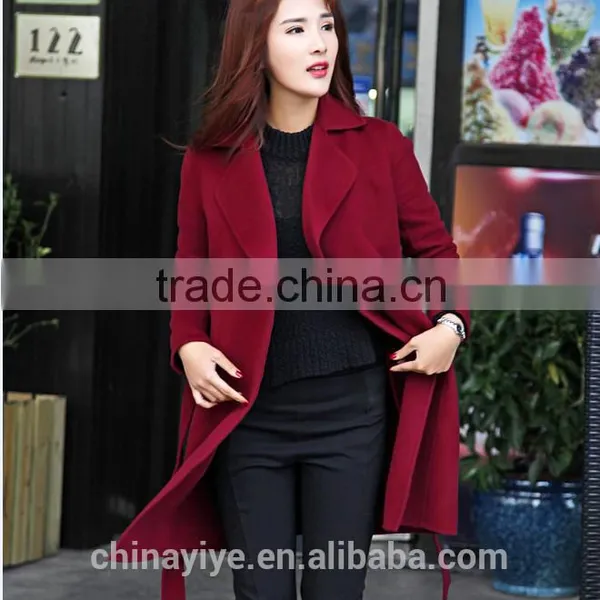 Factory Price EXW 2016 Winter Woman/ladies Handmade Classic Red Cashmere/wool Windcoat