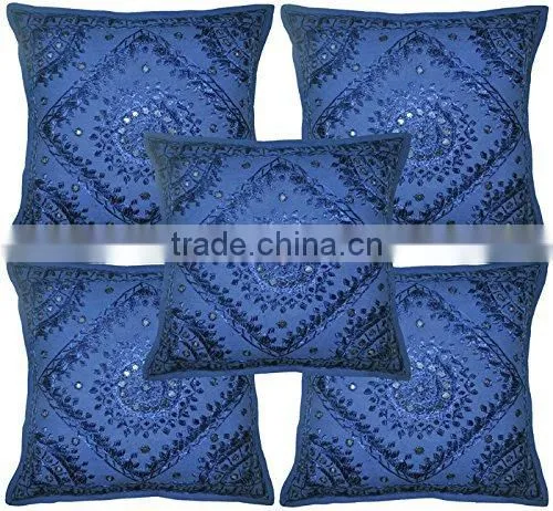 Blue Home Furnishing Decorative Heavy Handmade Embroidered And Mirror Work Indian Cotton Pillow Cushion Covers