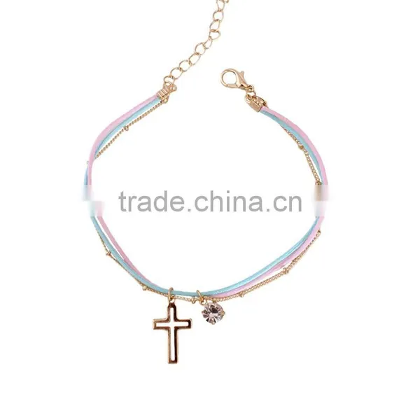 Gold Cross Star Zircon Charms Bracelet Layered Colorful Silk Cord Gold Chain Bracelet photo-4