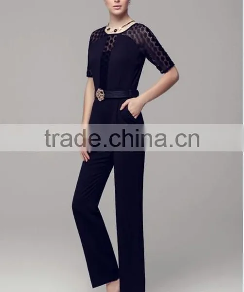 Solid Color Round Neck Short Sleeve High Empire Patch Mesh Women Jumpsuit photo-4