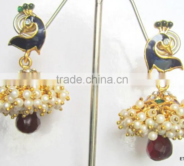 Peacock Pearl Gold Plated Dangler Jhumka EARRINGS photo-3