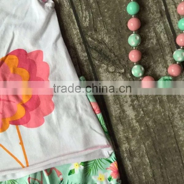 New Girls Outfit Flamingo Set White Coral Mint Kids Boutique Short Sets Ruffles Cotton Girls Clothing Matching With Accessories photo-3