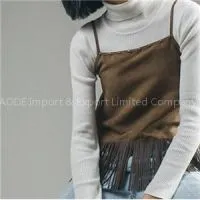 Summer Spring Autumn Faux Suede Women Camisole Tops With Tassels