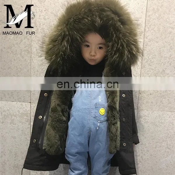 High Quality Manufacture Fashionable Winter Rose Red Rex Rabbit Fur Lining Baby Fur Parka Coat photo-3
