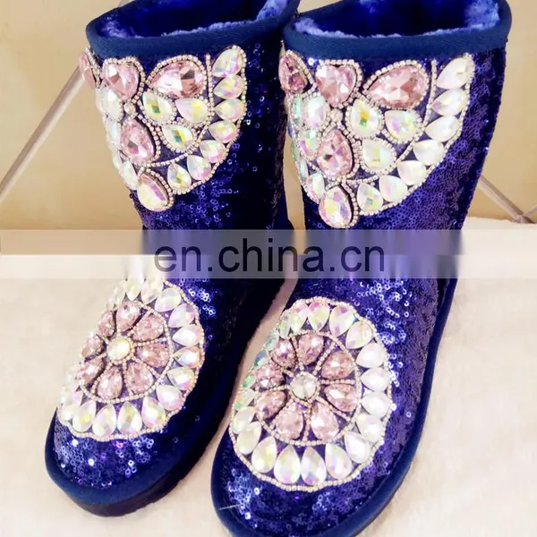 Aidocrystal New Desigh Bling Sequins Boots With Rhinestone Women Winter Warm Fur Boot photo-4