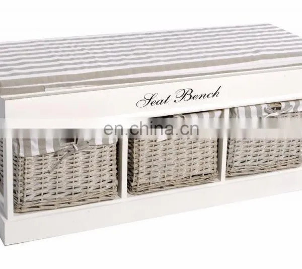 Three BASKET White Wooden Seat BENCH Useful Compartment Storage Organiser Fabric photo-3