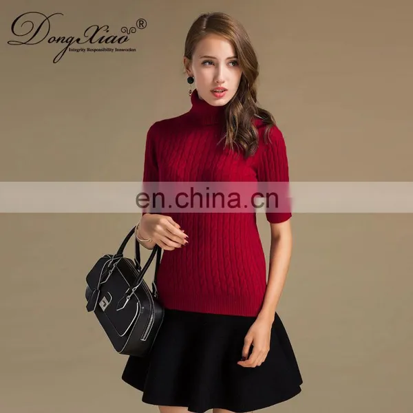 2024 Classic Cable Knit Women's Turtleneck Pullover Half Sleeves Cashmere Sweater Winter 100% Cashmere Solid Pattern Logo Back photo-3