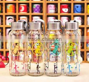 Wholesale Transparent Fashionable Portable Giraffe Water Glass Bottle With Stainless Steel Lid