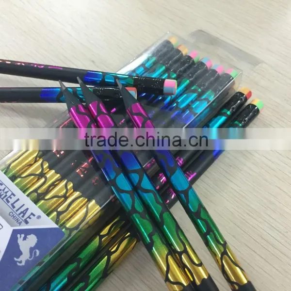Standard Size Round Shape Black Wood Heat Rolling Rainbow Laser HB Pencil Sharpened With Rainbow Eraser