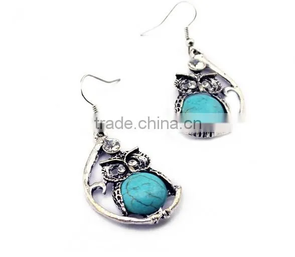 New Arrival Fashion Bohemia Owl Silver Plated Turquoise Pendant Alloy Earrings photo-3