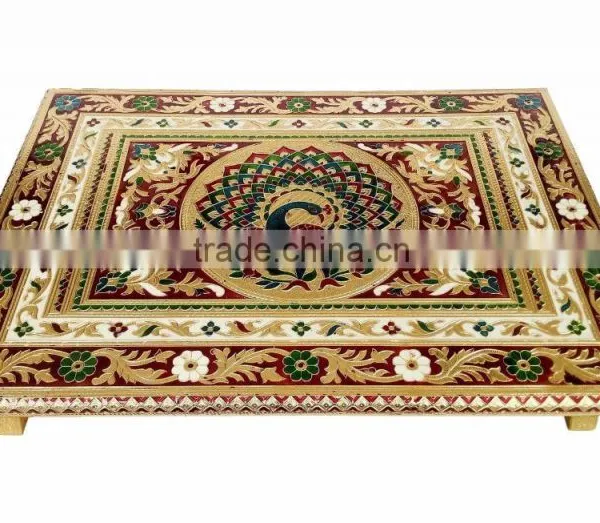 RAJWADI CHOWKI-PATLA / SITTING STOOL - PEACOCK DESIGNED WOODEN HANDMADE 15"x21"x3" CHOWKI PATLA-G.M.