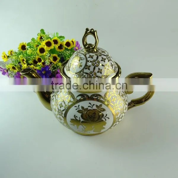 Unique Shape Porcelain Teapot Coffee Pot With Decal and Gold Line in Stock photo-2