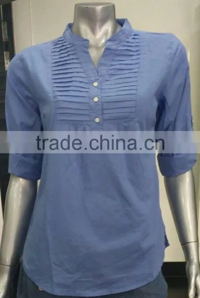 Ladies Button Down Shirts With Pintuck on Chest and Fold up Sleeve photo-3