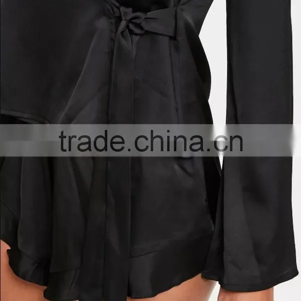 Women V Neck Wrap Pajamas With Private Label Black Long Sleeve Satin Pyjamas Set With Frilled Shorts photo-3
