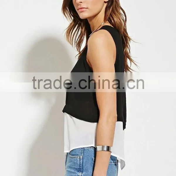 2016 Guangzhou Shandao Oem Service Summer New Design Chiffon Sleeveless Fashion Lady Black and White Tank Top in Bulk photo-2