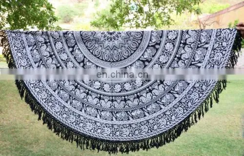 72" Indian Black Hippie Mandala Round Bohemian Beach Throw Table Cover Wall Hanging Yoga Mat