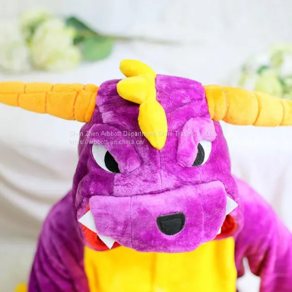 Purple Dinosaur Cartoon Flannel Conjoined Polyester Children Pajamas photo-5