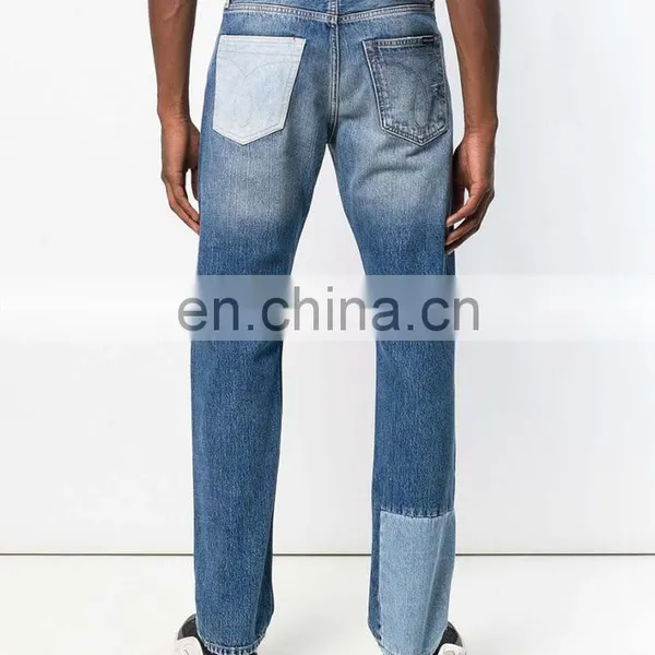 DiZNEW OEM Blue Cotton Straight Leg Patchwork Jeans For Men photo-5