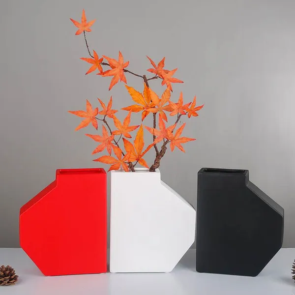 2021 New Chinese Geometric Semi-Flat Bottle Frosted Ceramic Vase,Nordic Decoration photo-2