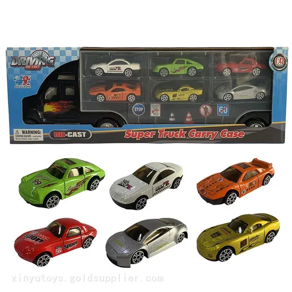 XINYU Diecast Trailer Truck Play Set With 6 PCS of Die Cast Cars 1/64 Scale