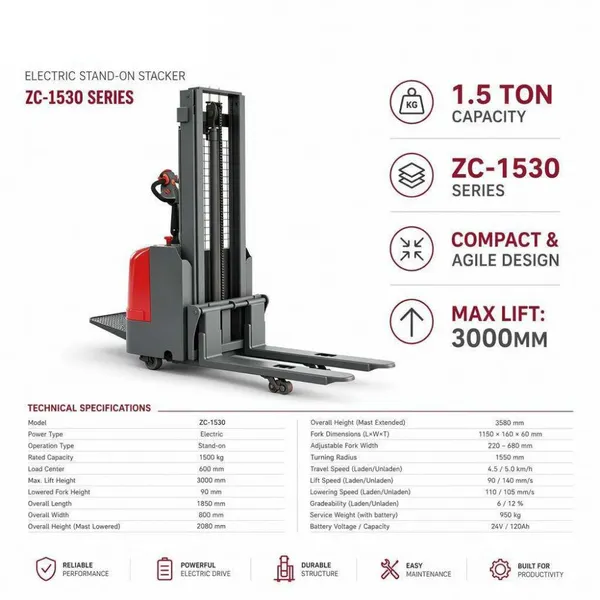 Hot Sale 1.5 Ton Walk-behind Electric Stacker 2m/3m/3.5m Lift Lithium Battery Pallet Stacking Equipment photo-2