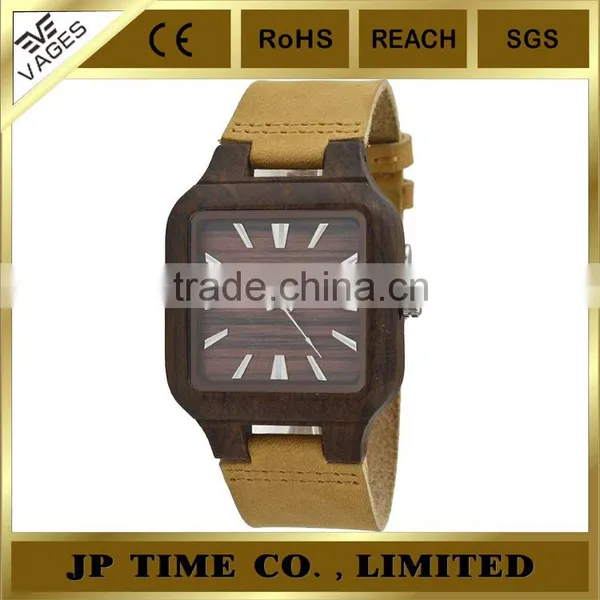 Square Case Analog Quartz Wooden Watch Leather Japan Movement Laser Logo photo-3