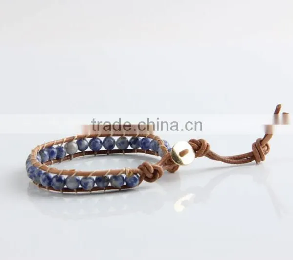 Newest Popular White &blue Stone Leather Bracelet Woven Lap 6 mm Wear Bracelet All Hand Needle for Women Chain Bracelet photo-3