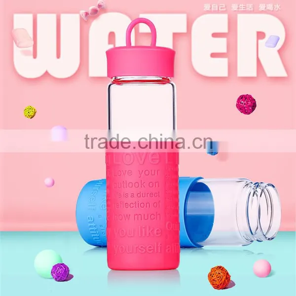 Glass Water Bottle Silicone Drinkware Transparent Glass Bottles With Color Silicon Sleeve Outside Sport Cup Tea Cups Lid Rope photo-2