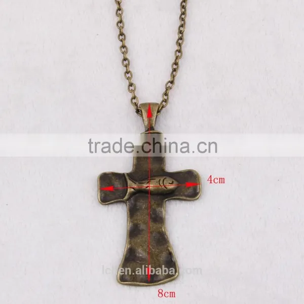 New Arrival 2016 Design Fashion Jewelry Cross & Fish Handmade Chain Necklace Religious Brass Finish Big Cross Necklace photo-3
