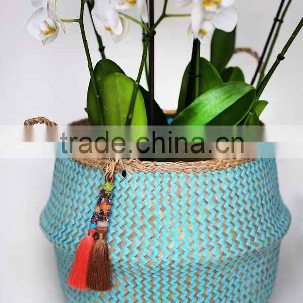 Blue Zigzag Seagrass Baskets/ Foldable Seagrass Laundry Basket photo-3
