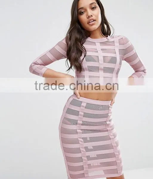 Bandage Mesh Women Long Sleeve Ctop Top and Pencil Skirt Ladies 2 Piece Skirt Sets photo-3