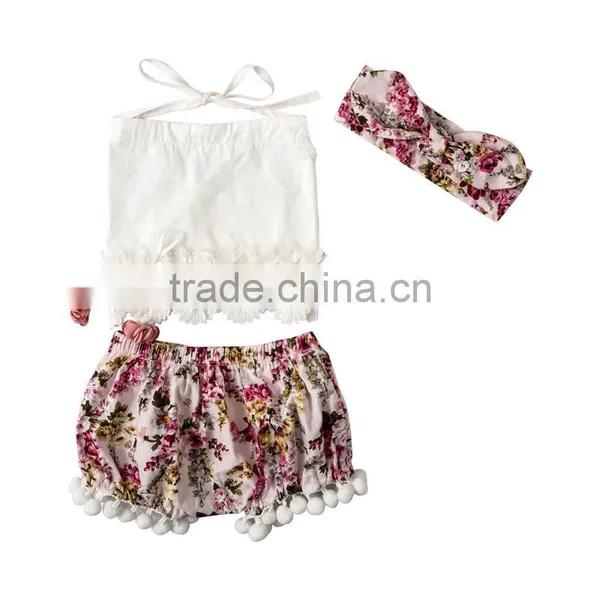 High Quality Baby Girls Clothes 2 Pieces Floral Pompom Outfits For Toddler Girls photo-4