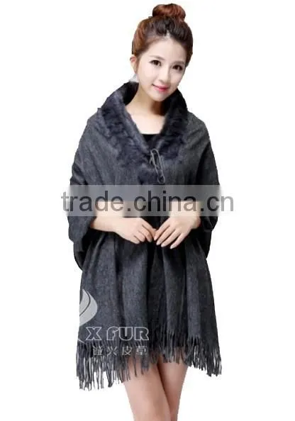 CX-B-P-34A Fur Trimmed Cape Fashion Fur Pashmina Shawl photo-6