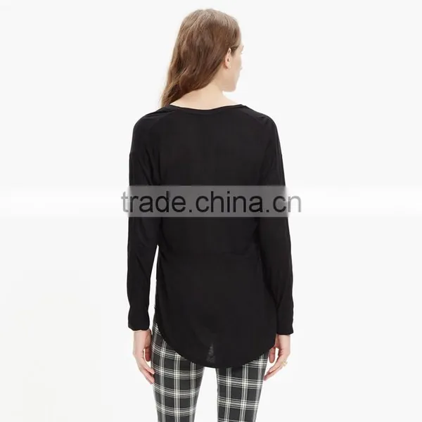 Black Plain v Neck Long Sleeve Women t Shirt photo-2