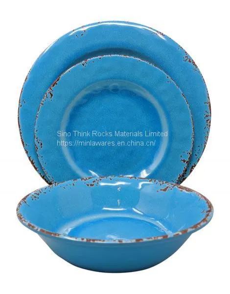 China Manufacturer Retro Rust Design Melamine Iran Dinner Sets Yellow Dish Gold Plastic Plate Set