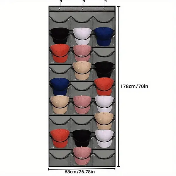 Hat Organizer Racks for Baseball Caps, Visible Hat Holder Rack for Wall Door With 3 Hooks, 27 Deep Pockets photo-4