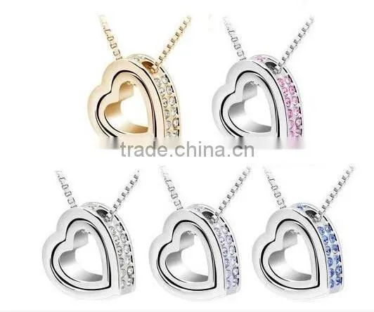 Womens 2016 YIWU IN STOCK Fashion Silver Plated Girlfriend Jewelry Charm Heart Crystal Pendant Chain Necklace Quality Choice photo-2
