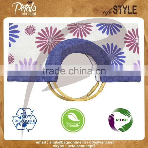 Floral Print Jute Beach Bag With Round Wooden Cane Handle - Tote Bag - Exclusive From India photo-5