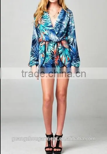 2014 Long Loose Sleeve Print Pattern Casual Wrap Ruffle Romper Jumpsuit for American Street Women photo-3