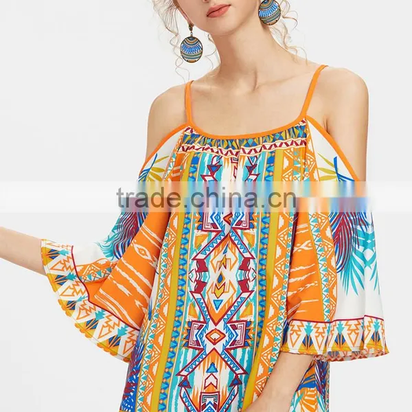 Print Kimono Sleeve Dress, Women Cold Shoulder Spaghetti Strap Dress photo-5